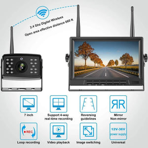 New Wireless 7" Monitor Quad Split screen 4 Channels Reverse Kit DVR 12V 24V Dash Camera Caravan