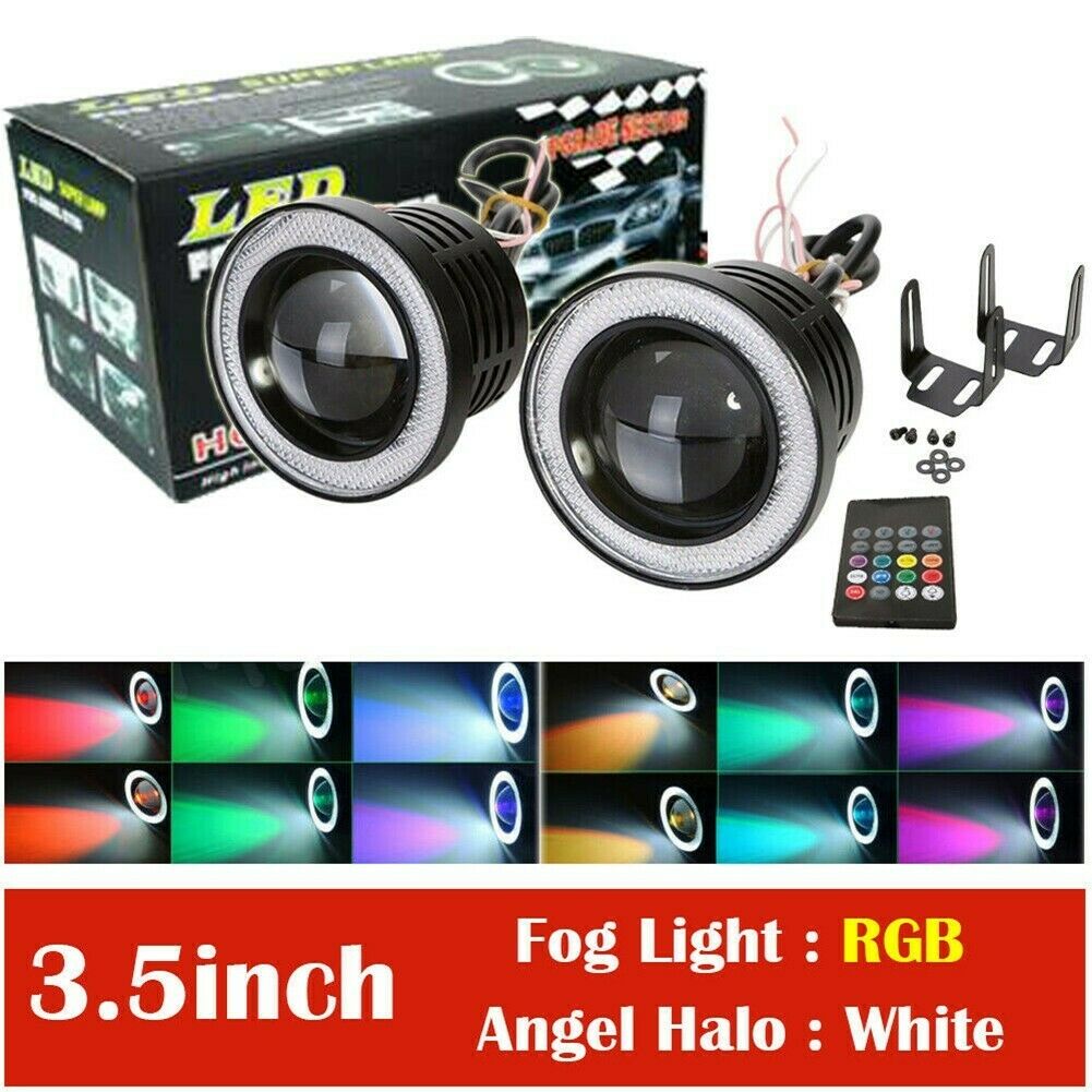 New 2x 3.5 Inch Projector LED Fog Lights W/ RGB COB Halo Angel Eyes Rings Car
