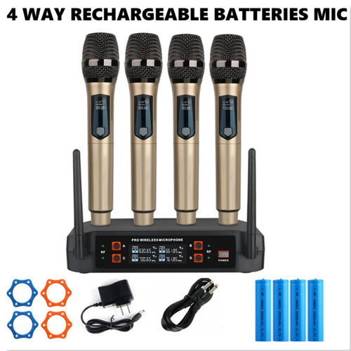 New 4 Channel Wireless Microphone Rechargeable Batteries Dual Cordless Mic System AUX