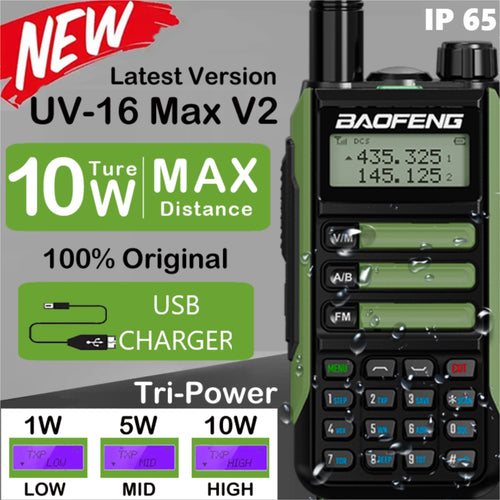 New Baofeng UV-16 Max 10w High Power Walkie Talkie Waterproof Radio Handheld Dual Band Two Way
