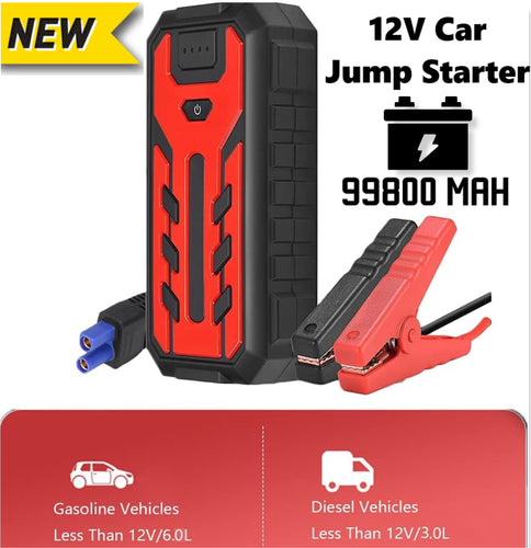 New 99800 mAh Car Jump Starter 12V Lithium Phone Power Bank LED Flashlight Peak 600A Starting