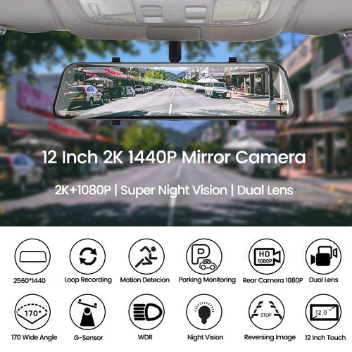 Latest 12 Inch Touch Screen 2K Car DVR Dash Camera Dual Lens Rearview Mirror 1080P Back Camera