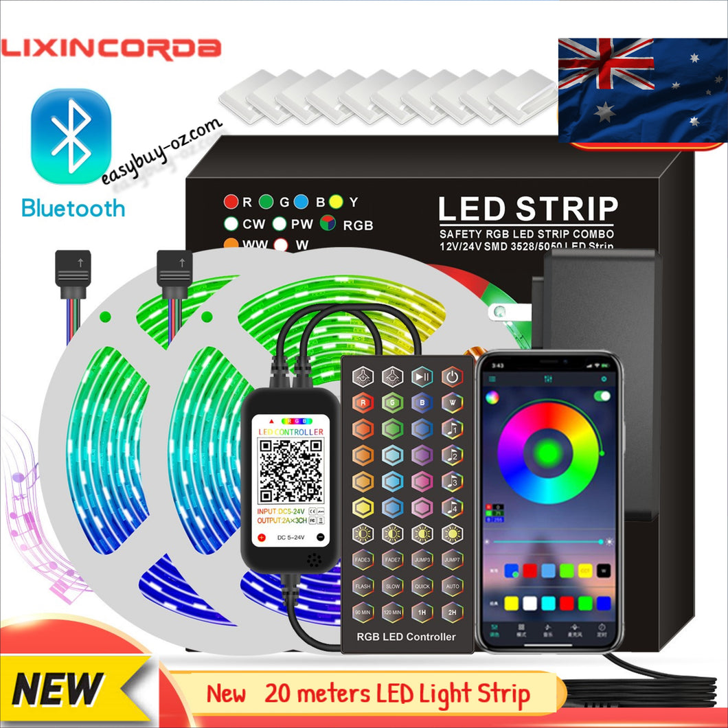 New 20m Led Strip Lights 360 LED, Sync to Music Bluetooth App+40 Keys IR Remote +12V Power Adapter