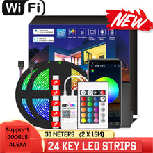 Load image into Gallery viewer, New 30 Meters (2x 15M) LED Strip Lights WiFi Phone APP + 24 Key Controller Google Assistant Alexa