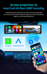 New 12" Carplay + Android Auto Wireless Bluetooth 4K +1080P Dual Front Back FM Transmitter