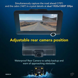 HD Car DVR 4” 3 Lens Dash Cam Front Inside& Outside + Rear Video Recorder Camera