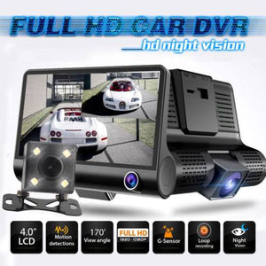 HD Car DVR 4” 3 Lens Dash Cam Front Inside& Outside + Rear Video Recorder Camera