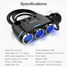 Load image into Gallery viewer, New 3 Way Multi Car Lighter Socket Splitter Dual USB Charger/Power Adapter Individual Switch On/Off