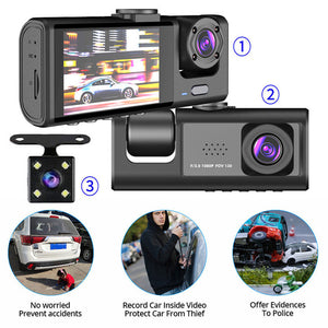 New HD 1080P Car 3 Lens Front Inside Back Dash Cam Video Recorder Camera G-Sensor