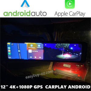 New 12 Inch Dash Cam 2 Cameras 4K +1080P Carplay Android Auto Car DVR Rearview Mirror Video