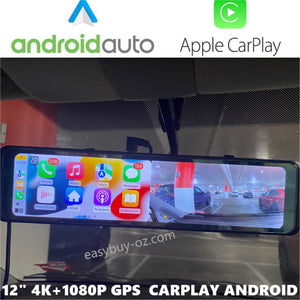New 12 Inch Dash Cam 2 Cameras 4K +1080P Carplay Android Auto Car DVR Rearview Mirror Video