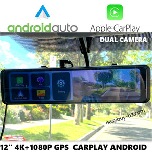 New 12 Inch Dash Cam 2 Cameras 4K +1080P Carplay Android Auto Car DVR Rearview Mirror Video