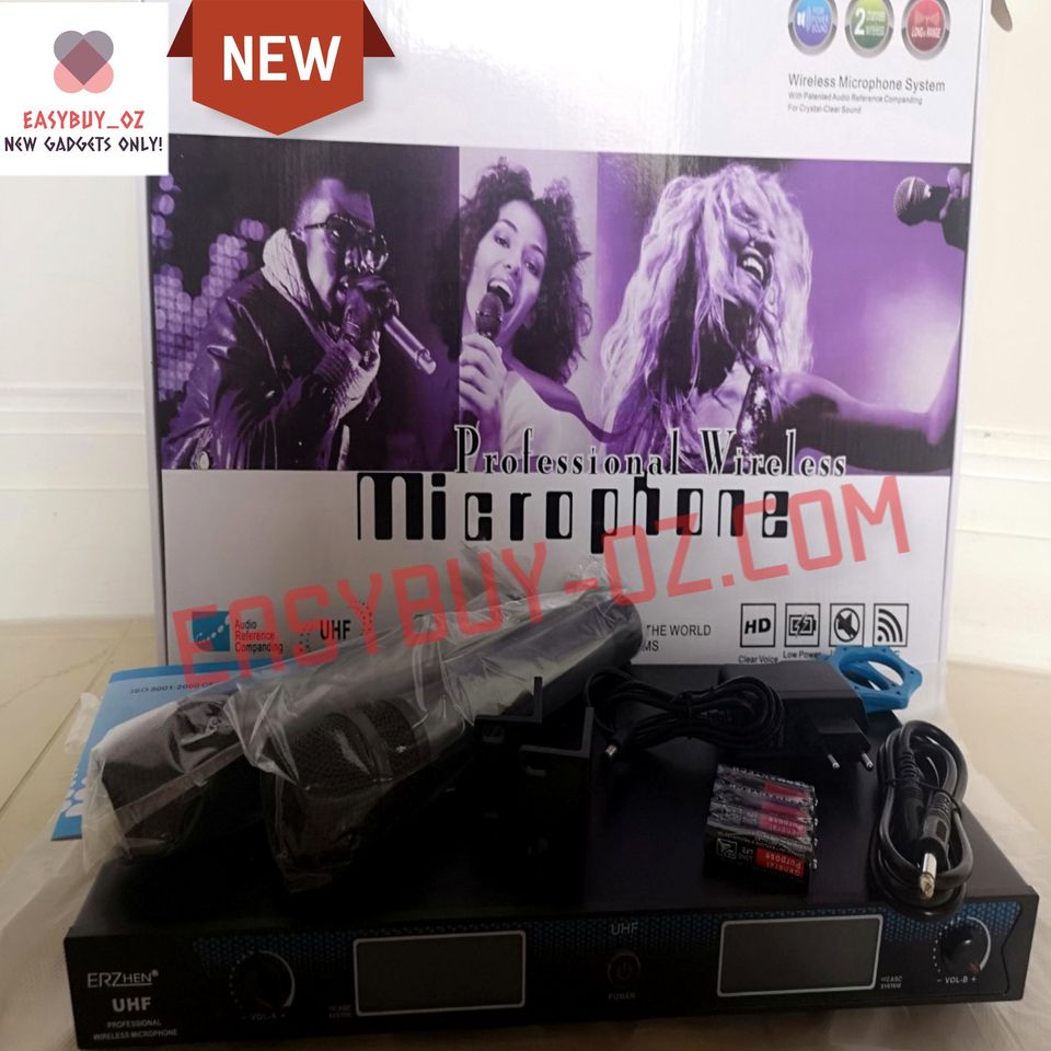 New Professional Wireless Microphone 2 Channels Karaoke System+ 2 Cordless Mic