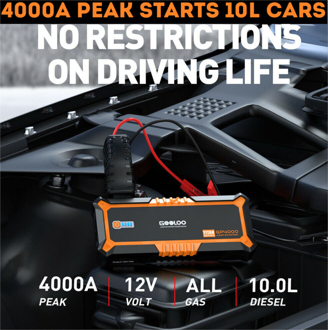 New 4000A GOOLOO Jump Starter Power Bank 10L Petrol & Diesel Engines Battery Vehicle Phone Charger