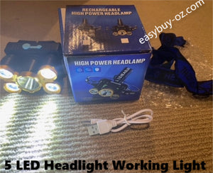 New 5-LED Headlamp Head Light Torch Super Bright Headlight 25000 Lumens, Camping Fishing Working