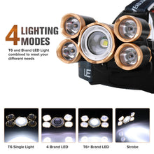 Load image into Gallery viewer, New 5-LED Headlamp Head Light Torch Super Bright Headlight 25000 Lumens, Camping Fishing Working