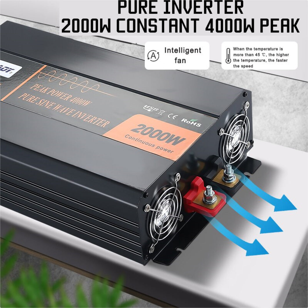 New Pure Sine Wave Peak 4000W Constant 2000W 12v-240v Car Inverter, With LCD Display USB 2.1A