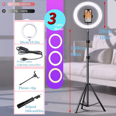 New 160CM Tripod Stand Photography Lighting Camera Photo Studio =Led Selfie 26cm Ring Light Phone